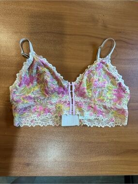 Aerie Lace Front-Hook Bralette Floral Pink Yellow Size L